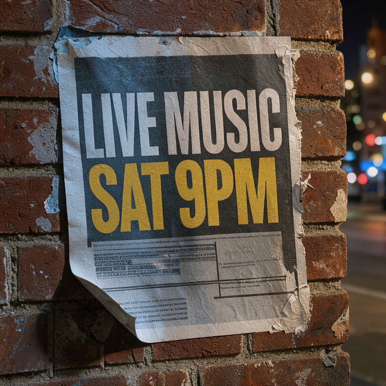 After: the same flyer reading LIVE MUSIC, SAT 9PM, in the same lettering.