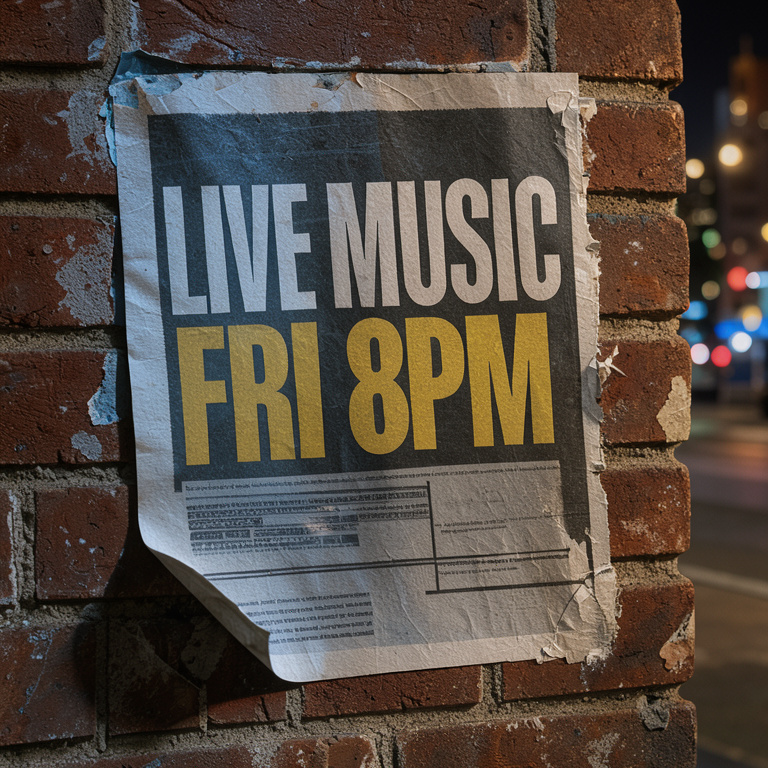 Before: a gig flyer on a brick wall reading LIVE MUSIC, FRI 8PM.