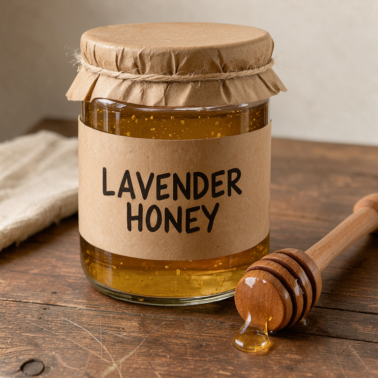 After: the same jar, the label now reading LAVENDER HONEY in the same hand lettering.