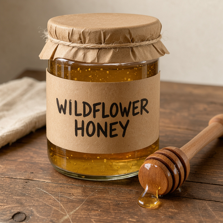 Before: a glass jar of honey with a kraft paper label reading WILDFLOWER HONEY.
